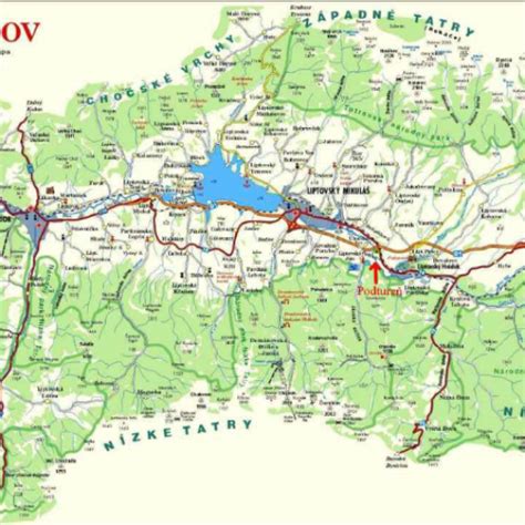 Mapa Liptova s vyznačenými rehabilitačnými centrami