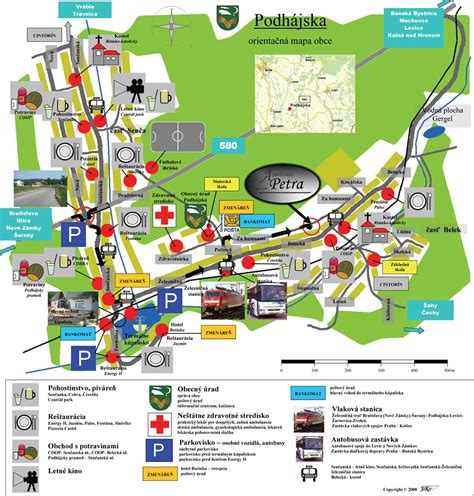Mapa obce Podhájska s vyznačenými ubytovacími zariadeniami a termálnym kúpaliskom