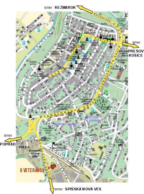 mapa okolia Levoče s vyznačenými turistickými atrakciami