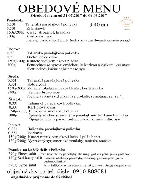 pestré obedové menu v reštaurácii