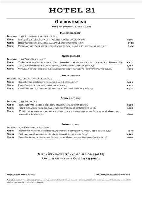 ukážka denného menu v reštaurácii
