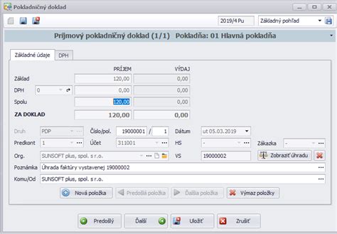 Príklad pokladničného dokladu s úhradou faktúry