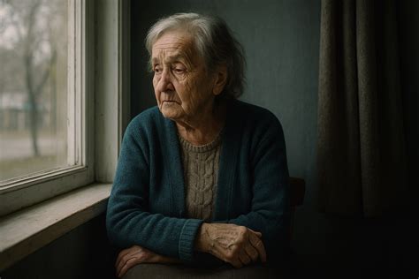 Staršia žena sediaca sama v obývačke s melancholickým výrazom, symbolizujúca osamelosť seniorov