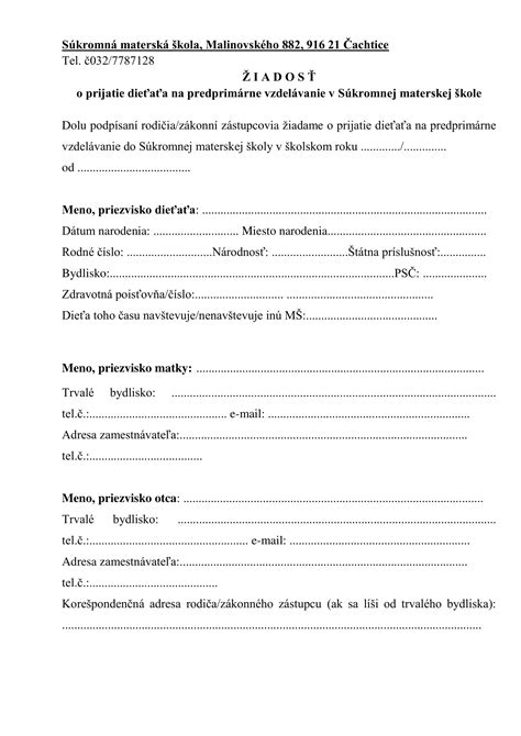 Formulár žiadosti o prijatie dieťaťa do MŠ