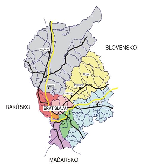 Mapa Bratislavského samosprávneho kraja so zvýraznenými domovmi seniorov