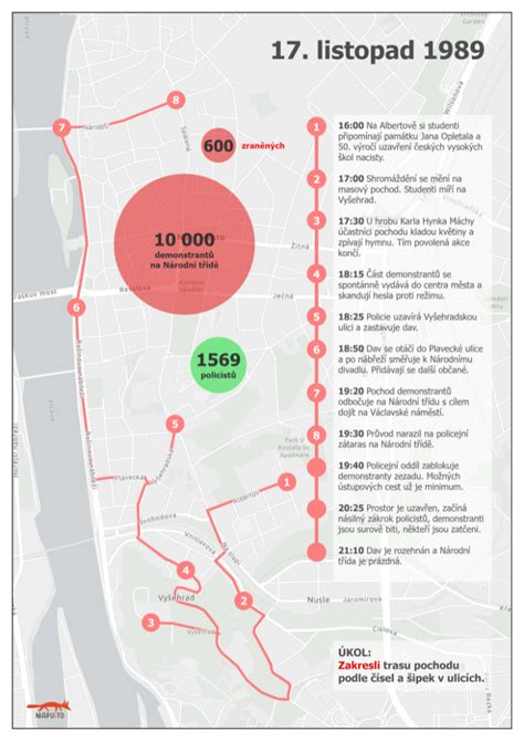 Mapa trasy študentského pochodu v Prahe 17. novembra 1989 s vyznačeným miestom policajného zásahu na Národnej triede