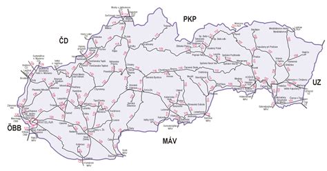 Mapa železničných tratí na Slovensku s vyznačenými novými spojmi