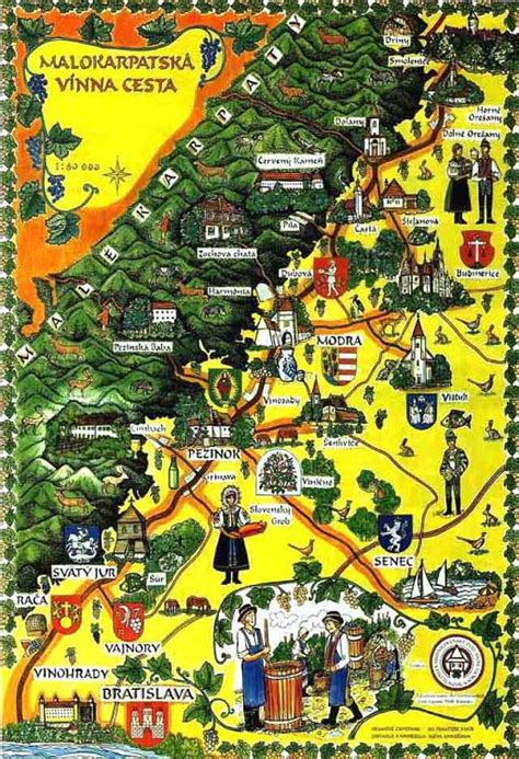 Mapa Malokarpatskej vínnej cesty s vyznačenými vinohradníckymi obcami