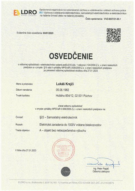 Certifikát odbornej spôsobilosti SBS