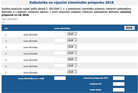 Screenshot online kalkulačky vianočného príspevku na webovej stránke Sociálnej poisťovne