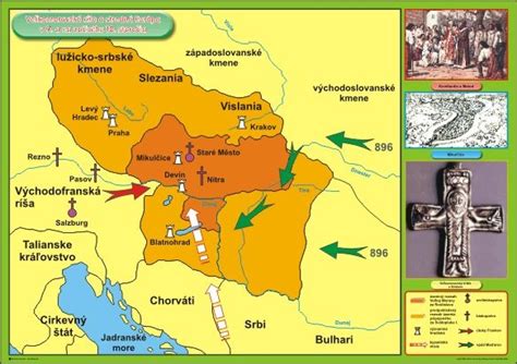 Mapa Veľkomoravskej ríše s vyznačenými hradiskami