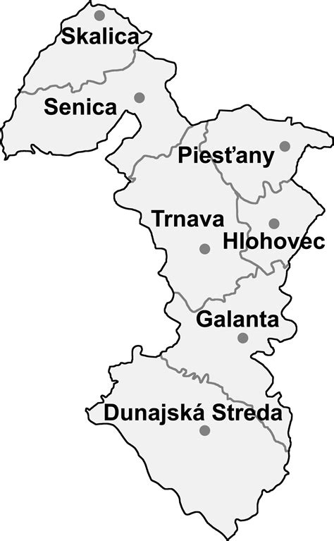 Mapa Trnavského kraja s vyznačenými sídlami organizácií Jednoty dôchodcov.