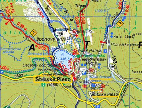 Mapa: Štrbské Pleso a okolie s turistickými trasami