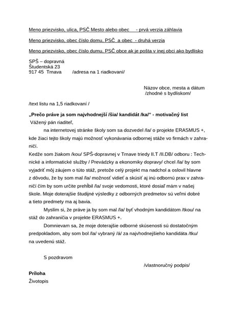 Vzor motivačného listu a životopisu