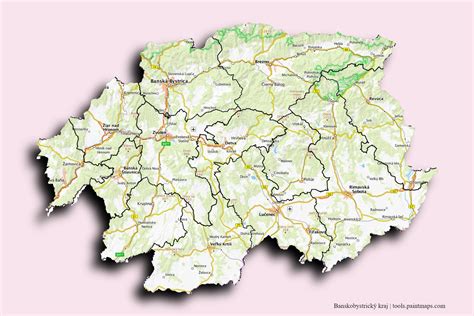 Mapa Banskobystrického kraja s vyznačenými sídlami organizácií JDS