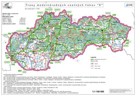 Mapa cestnej siete Slovenska s vyznačením jednotlivých tried ciest
