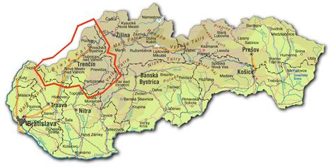 Mapa Trenčianskeho kraja s vyznačenými pobočkami ÚPSVaR