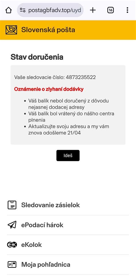 Príklad podvodnej SMS správy s logom Slovenskej pošty
