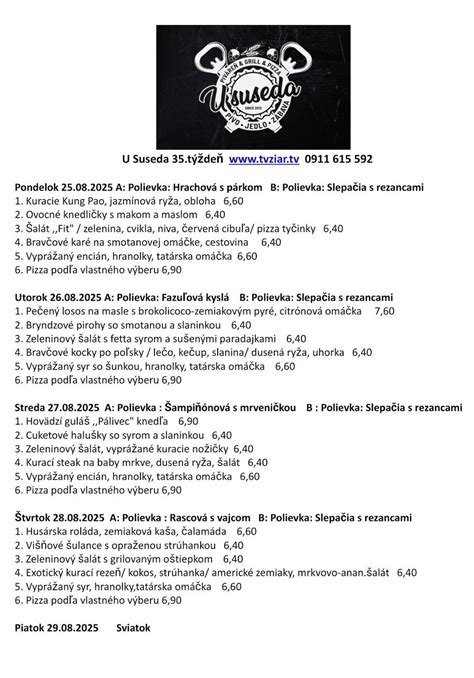 Ukážka jedálneho lístka pre seniorov s možnosťami výberu