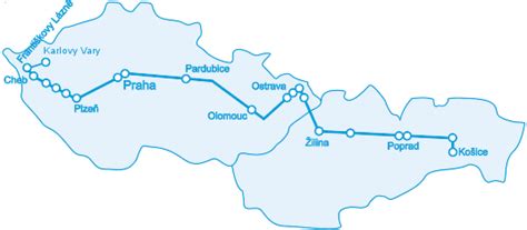 Mapa: Trasa vlaku SC Pendolino Košice - Praha