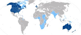 Mapa krajín, kde je angličtina úradným jazykom