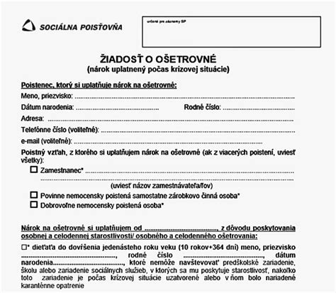 Štruktúra tlačiva žiadosti o ošetrovné