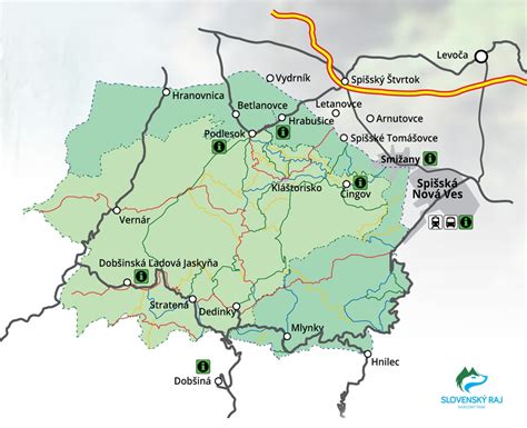 Mapa Slovenského raja s vyznačenými roklinami a vodopádmi