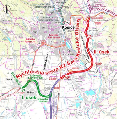Mapa R2 Šaca - Košické Oľšany s vyznačeným druhým úsekom.