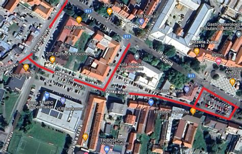 Mapa Zlatých Moraviec a blízkeho okolia s vyznačenými zdravotníckymi zariadeniami