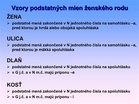 Infografika znázorňujúca vzory podstatných mien ženského rodu.