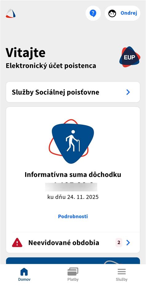 Screenshot mobilnej aplikácie Sociálnej poisťovne