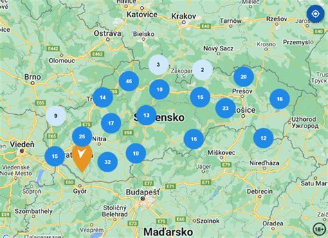 Mapa s vyznačenými pobočkami ÚPSVaR Košice