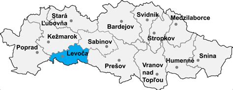 Mapa okresu Levoča s vyznačenými obcami