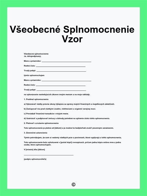 Formulár: Vzor splnomocnenia s vyznačenými poľami pre vyplnenie