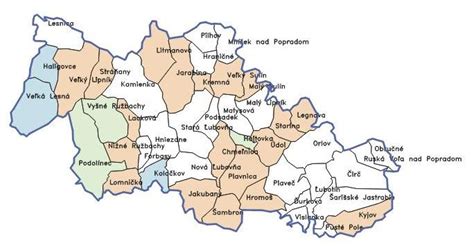 Mapa okresu Stará Ľubovňa s vyznačenými obcami pod pôsobnosťou ÚPSVaR