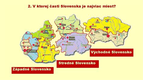 Mapa Slovenska s vyznačenými regiónmi Západné, Stredné a Východné Slovensko