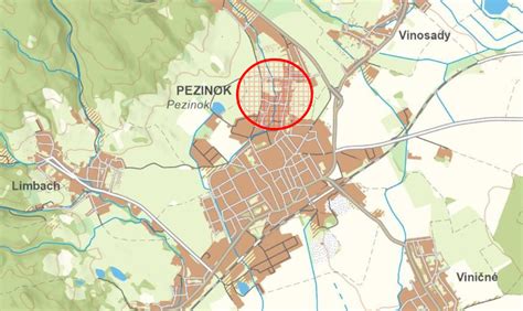 Mapa Pezinok s vyznačenými ulicami