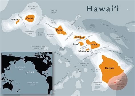 Mapa Havajských ostrovov s vyznačenými hlavnými atrakciami
