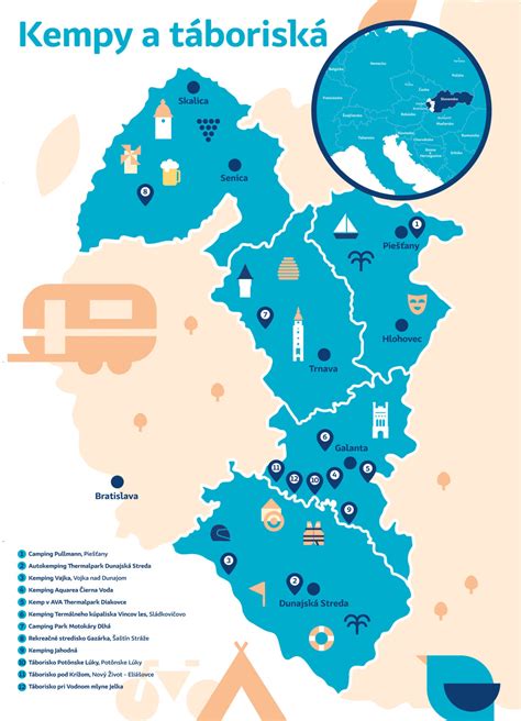 Mapa Trnavského kraja s vyznačenými centrami pre telesne postihnuté deti