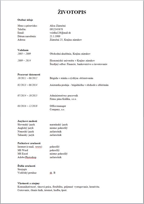 Ukážka vzorového životopisu opatrovateľky
