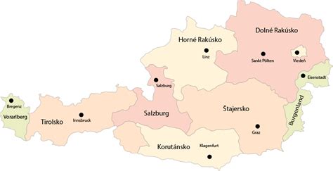 Mapa Rakúska s vyznačenými regiónmi, kde agentúry ponúkajú prácu