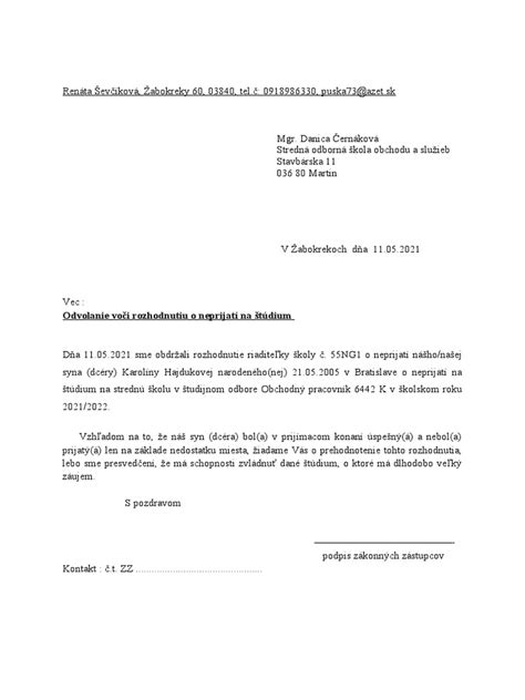 Dokument s formulárom odvolania