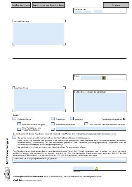 Formulár Verf 24 (Fragebogen) pre rakúsky finančný úrad