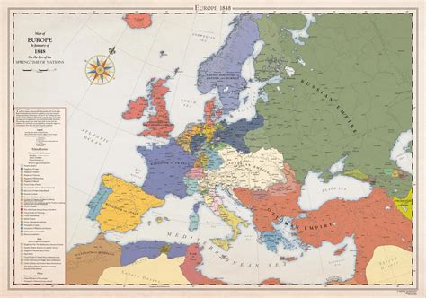 Mapa Európy v roku 1848 s vyznačenými revolučnými ohniskami