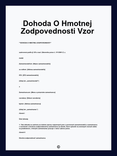 Dohoda o hmotnej zodpovednosti - vzor
