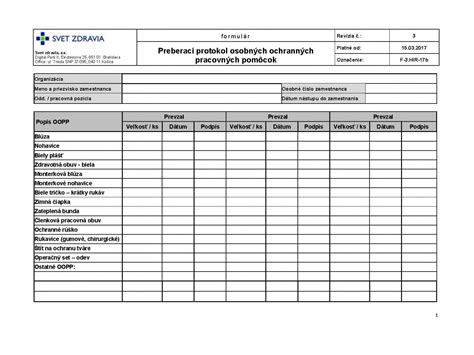 Zoznam osobných ochranných pracovných prostriedkov