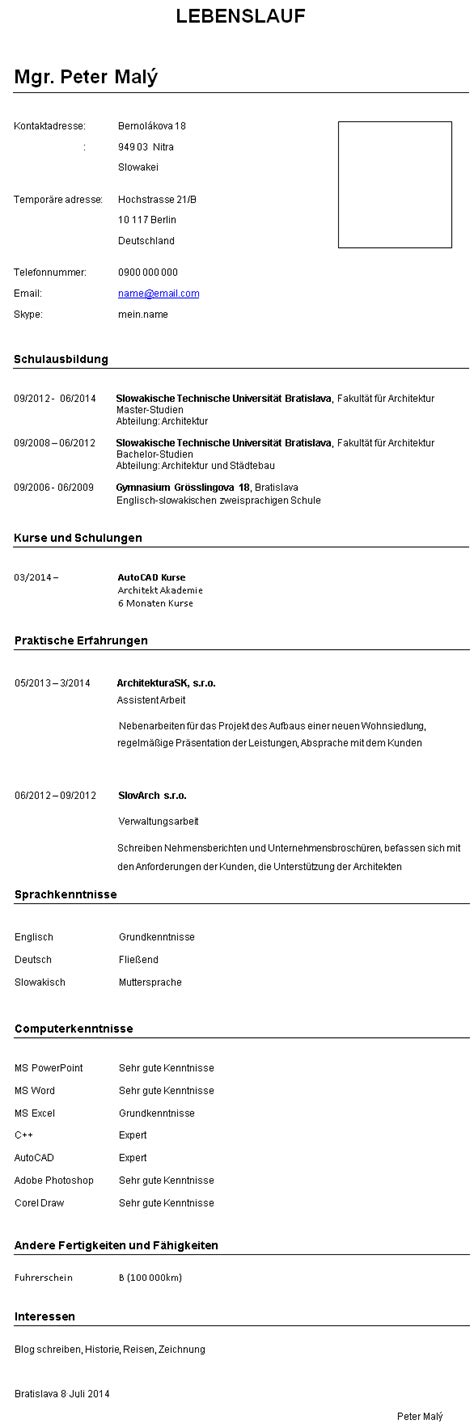 Vzor životopisu pre opatrovateľku v nemeckom jazyku