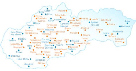Mapa Slovenska s vyznačenými mestami s výhodami pre seniorov