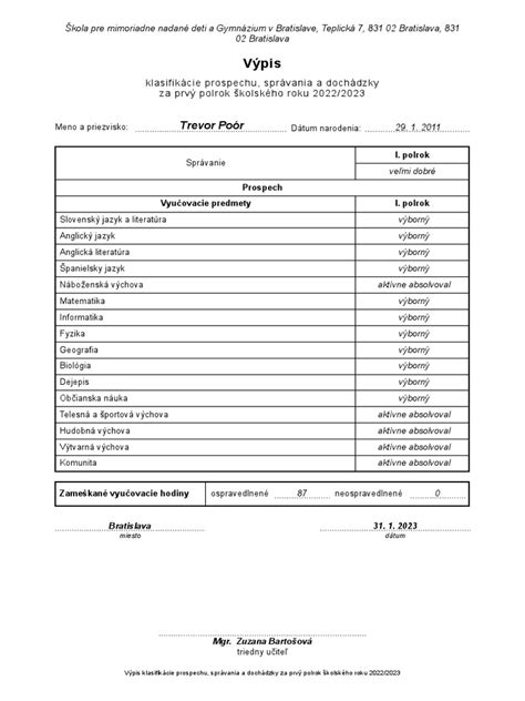 Príklad: Elektronická žiacka knižka a vysvedčenie v systéme EduPage