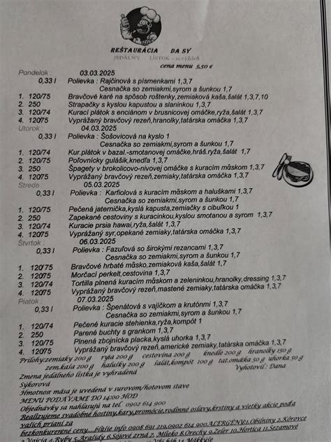 Jedálny lístok vývarovne s rôznymi možnosťami menu